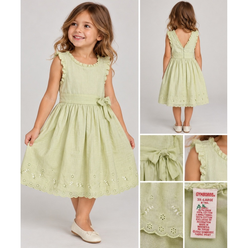 Gymboree Dress Kids 8 Green Cottagecore Vintage Eyelet Linen Blend Ruffle Bow